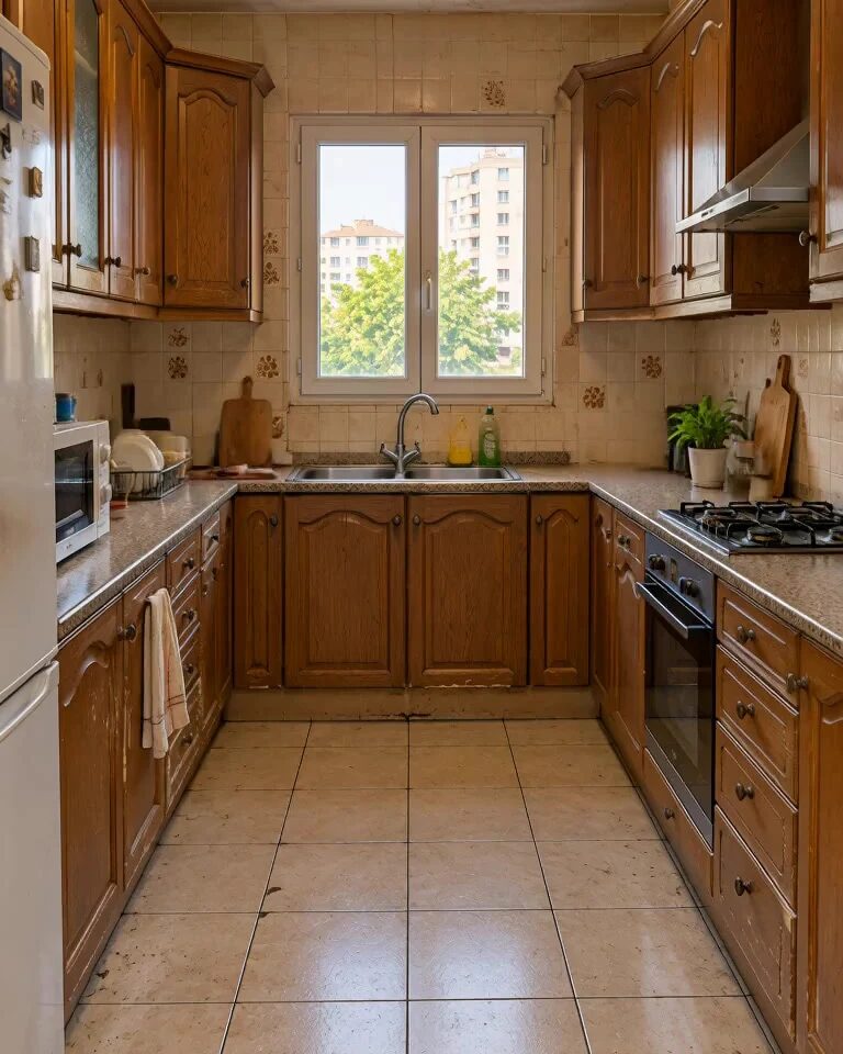 Old oak kitchen seen from the doorway with crowded counters and no tall storage