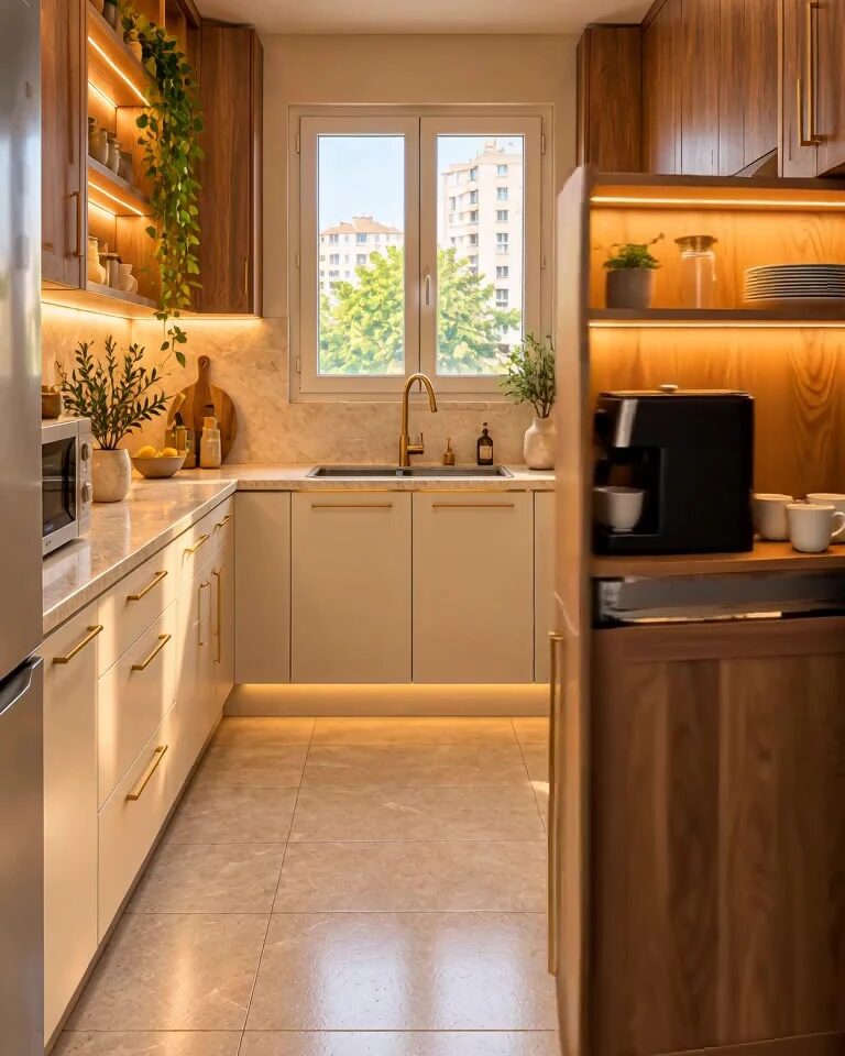 Tall walnut pull-out open beside the counter, showing a lit coffee station with machine, mugs and plates