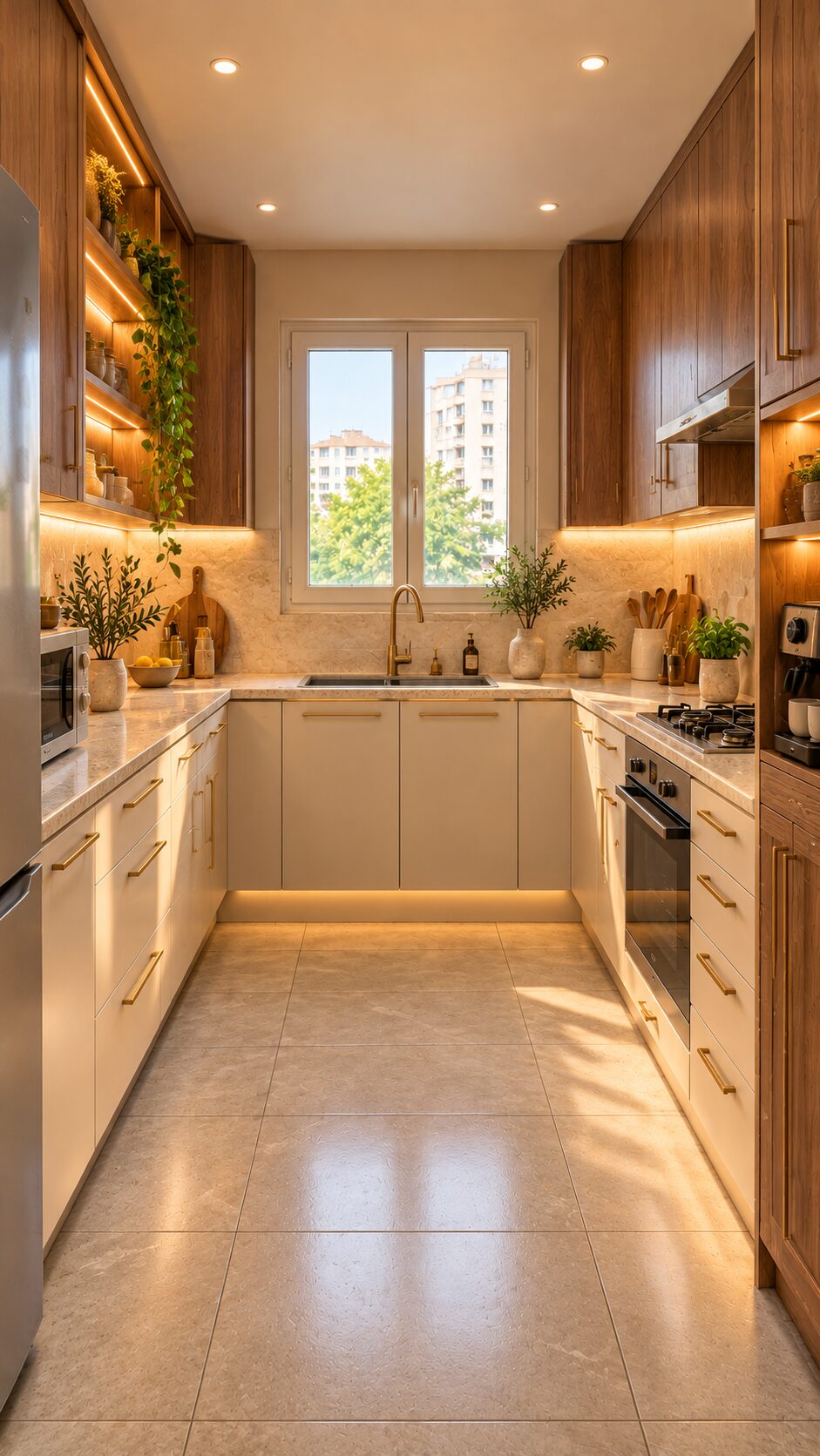 Small U-shaped kitchen with walnut wall cabinets, cream base cabinets, brass pulls, quartz counters and warm LED lighting