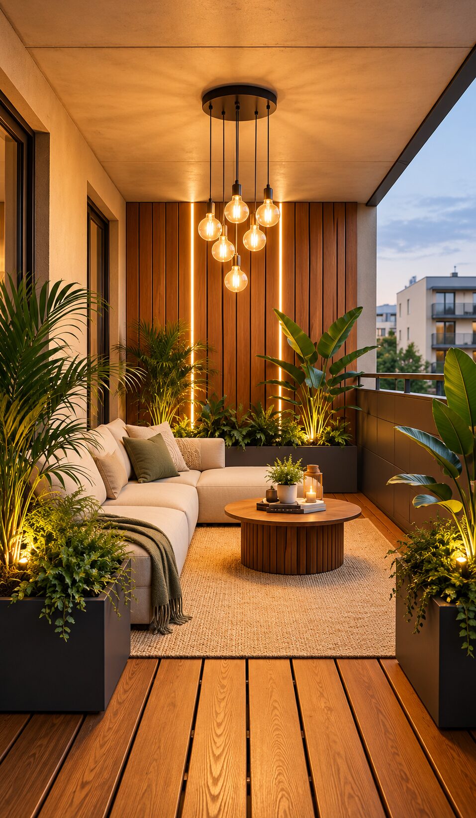 Covered balcony lounge with cream L-shaped sofa, round wood table, lit slat wall, globe pendant and tall planters