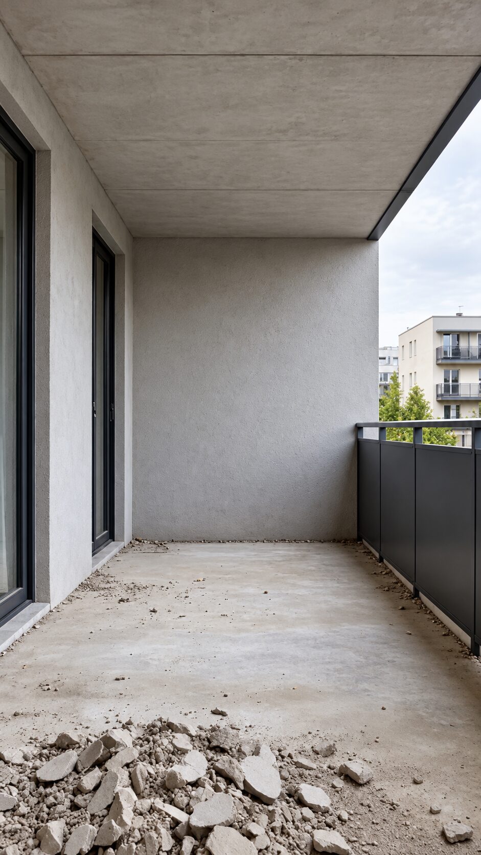 Empty covered balcony with bare concrete floor, gray walls, dark metal railing and a pile of rubble