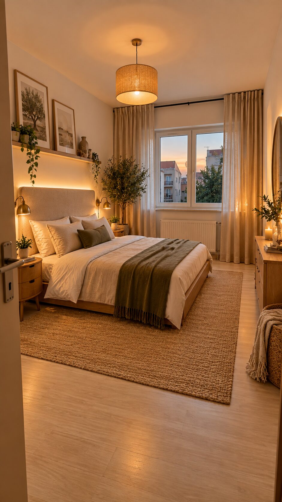 Queen bed with tall oatmeal headboard, white bedding, olive throw, oak bedside tables and glowing brass sconces