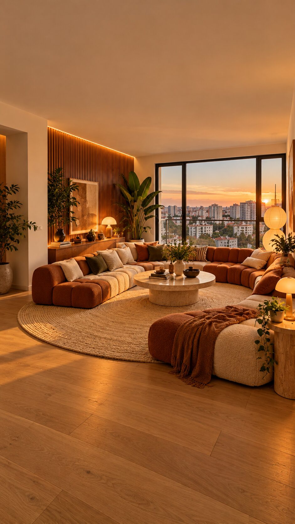 Curved rust and cream boucle U-shaped sofa around a travertine table, walnut slat wall and city sunset window