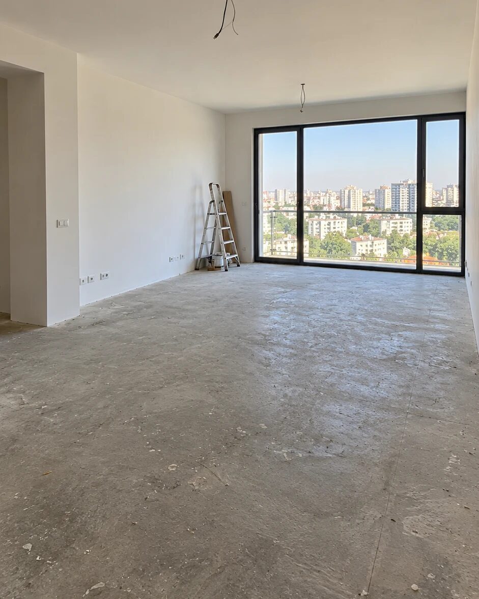 Empty apartment living room with raw concrete floor, white walls, ladder and floor-to-ceiling window over the city