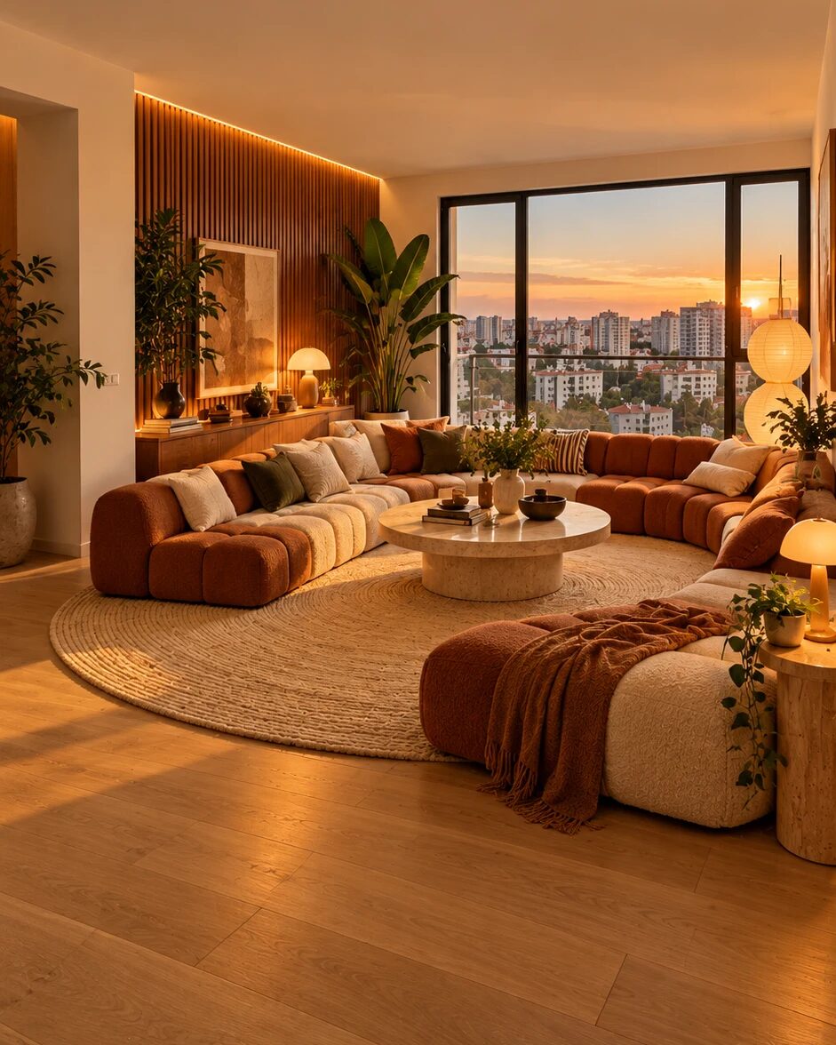 Rust and cream U-shaped boucle sofa around a travertine table on a jute rug, walnut slat wall at sunset