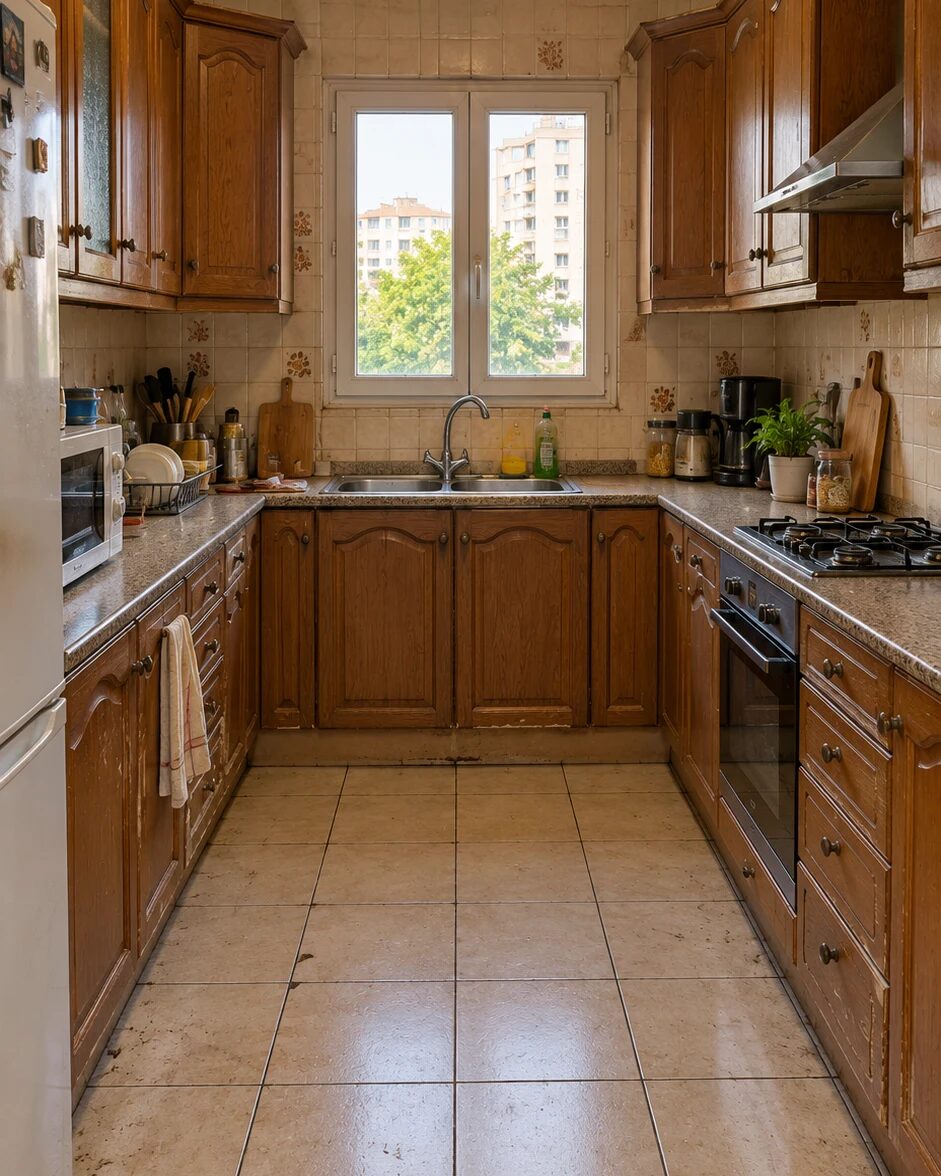 Dated U-shaped kitchen with orange oak cabinets, flower tile backsplash, cluttered counters and a fluorescent ceiling light