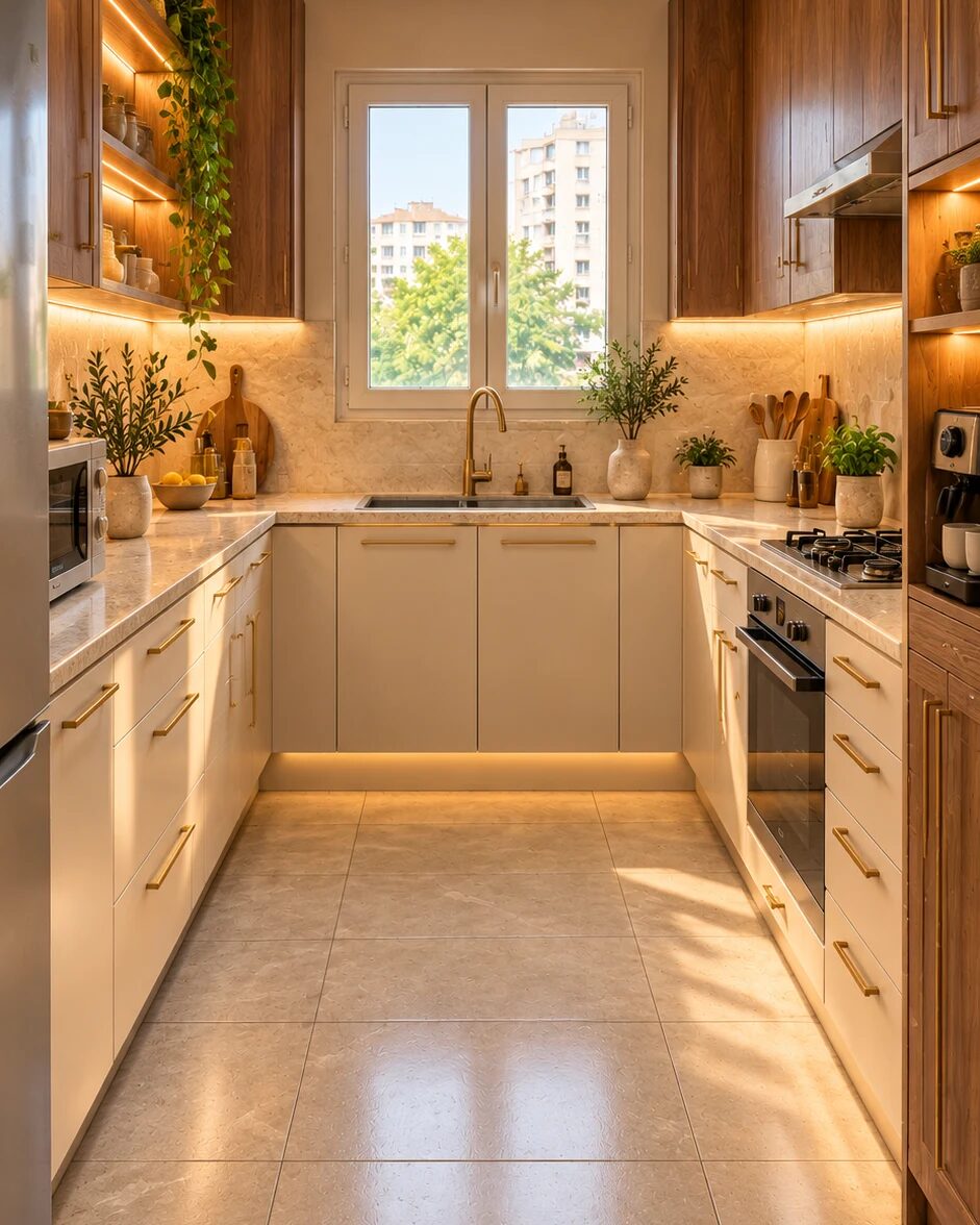 Same kitchen with walnut wall cabinets, cream base cabinets, brass pulls, quartz counters and glowing toe-kick lights